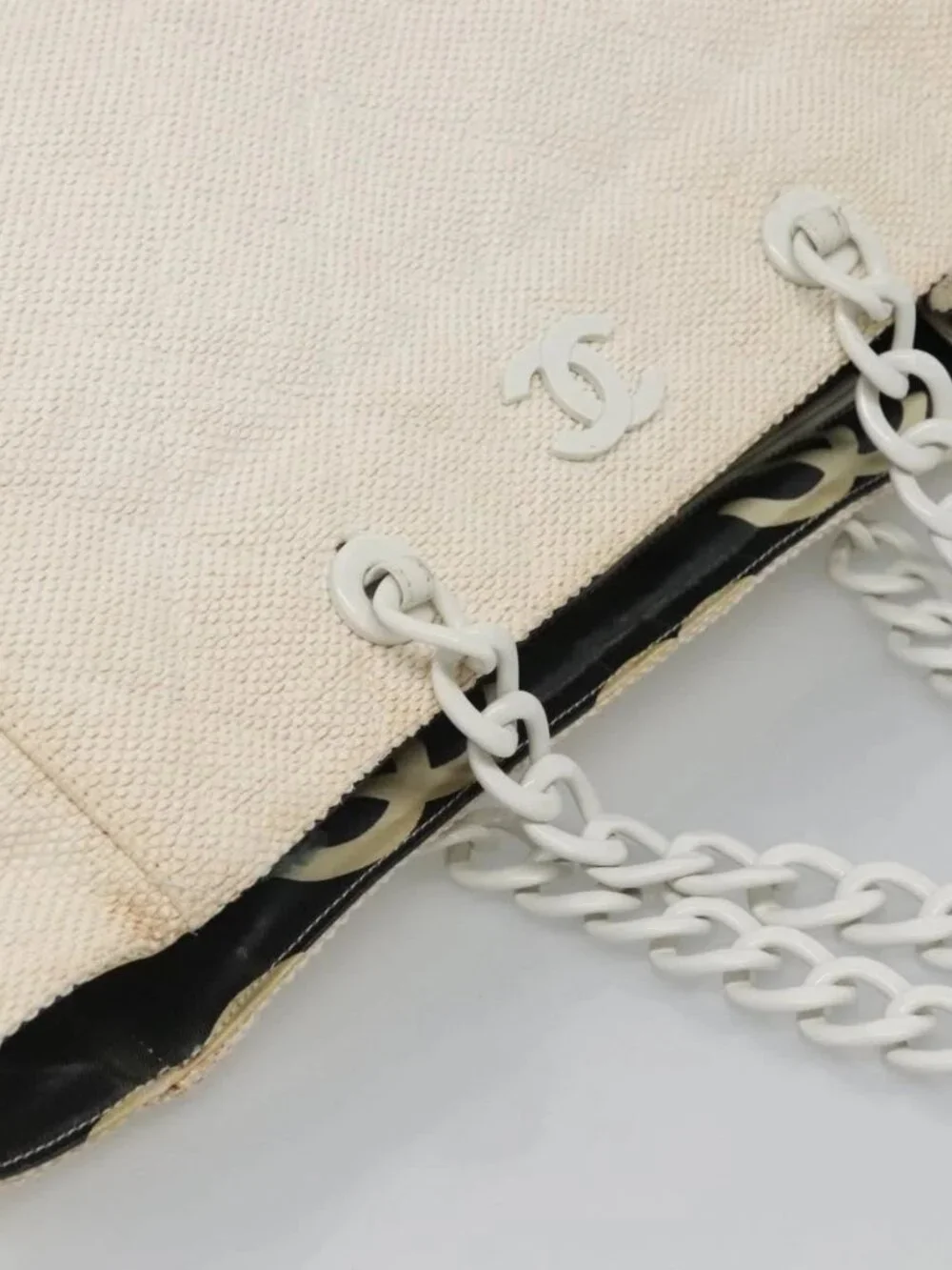 CHANEL Matelasse Chain Shoulder Bag Straw White Gold CC Auth 142166